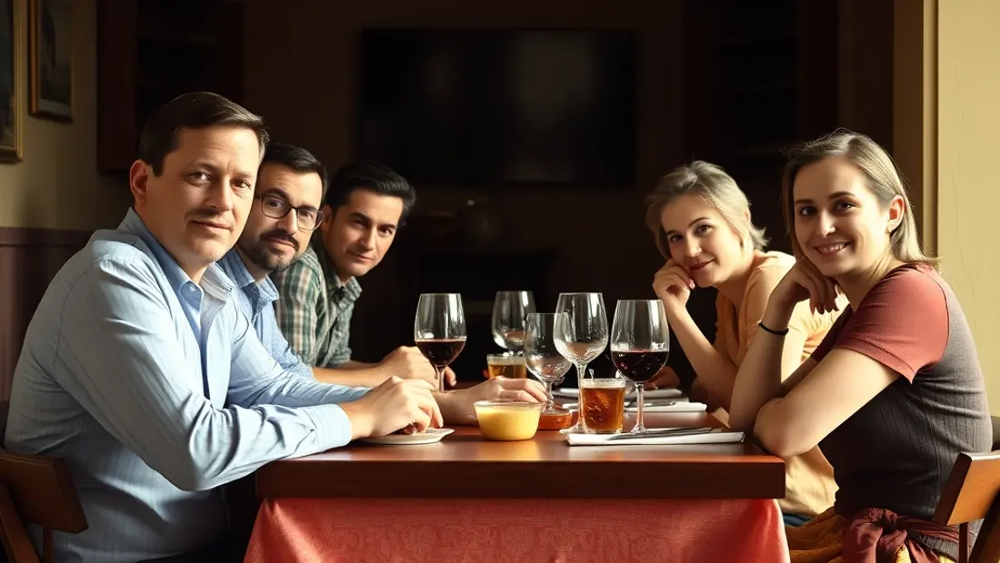 Grupo de personas sentadas en una mesa vasca, comiendo y riendo