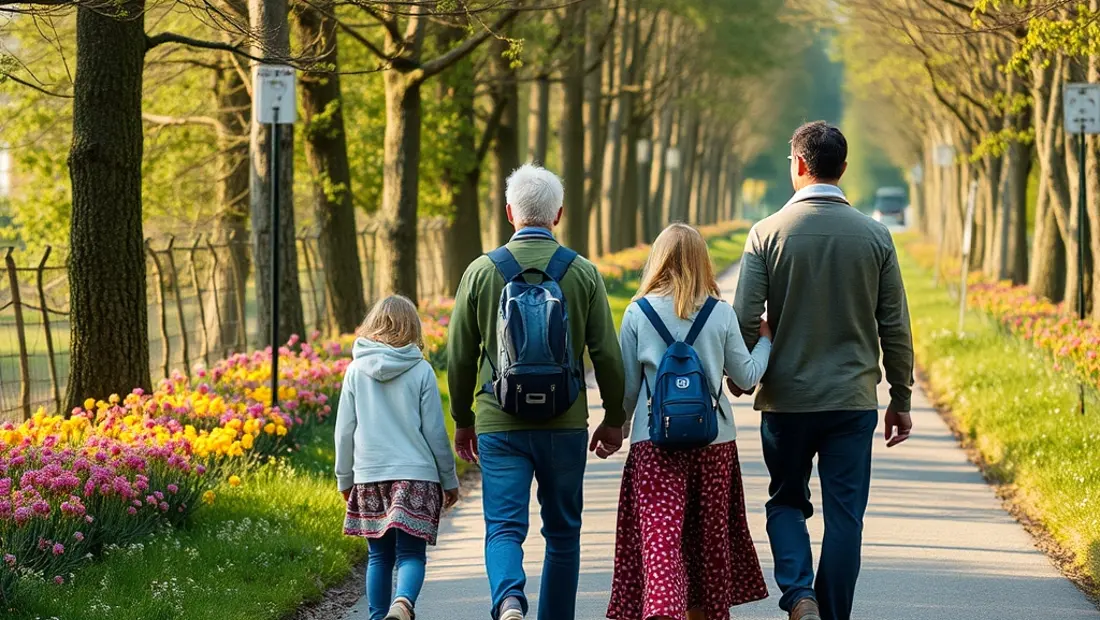 Familia caminando por un sendero en el bosque