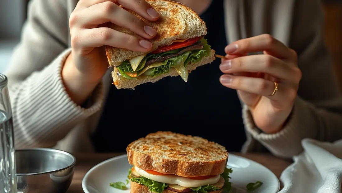 Una persona sentada a una mesa de cocina, comiendo un sandwich de pan integral con verduras y quesos.
