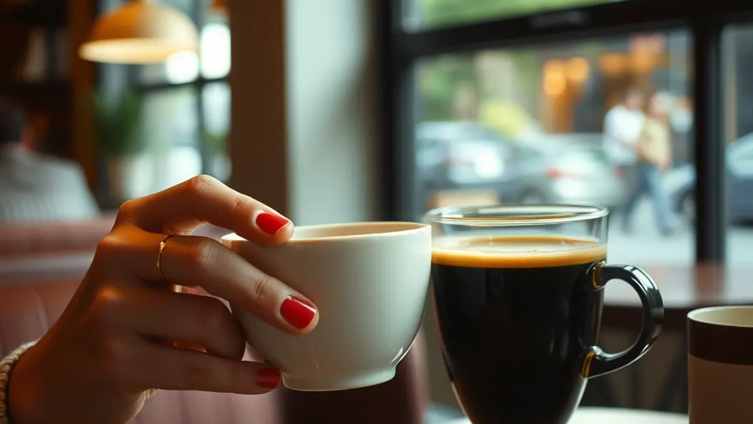 Persona sosteniendo un bol de lotería y un bol de café en un café animado.
