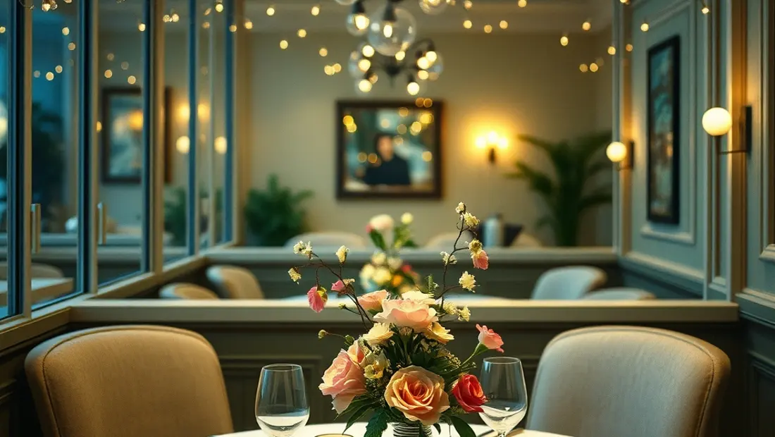 Un restaurante con luces difusas, velas y flores en una mesa para dos.