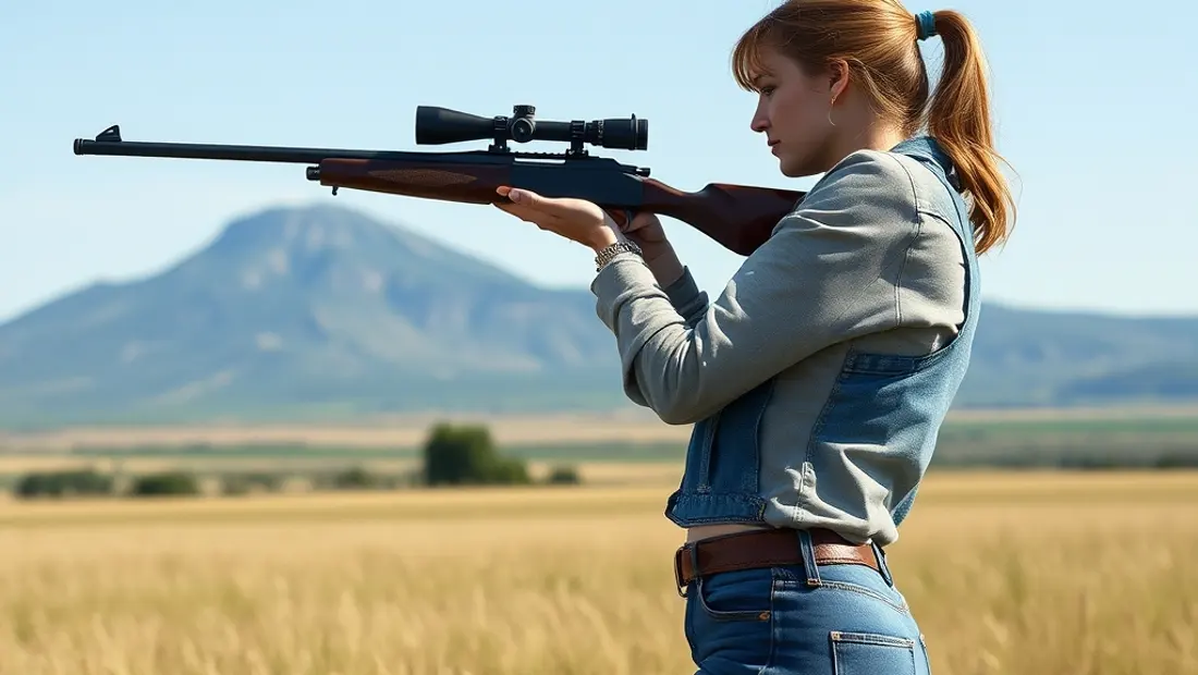 Una mujer en un campo de pradera con un rifle y mirando hacia las montañas.