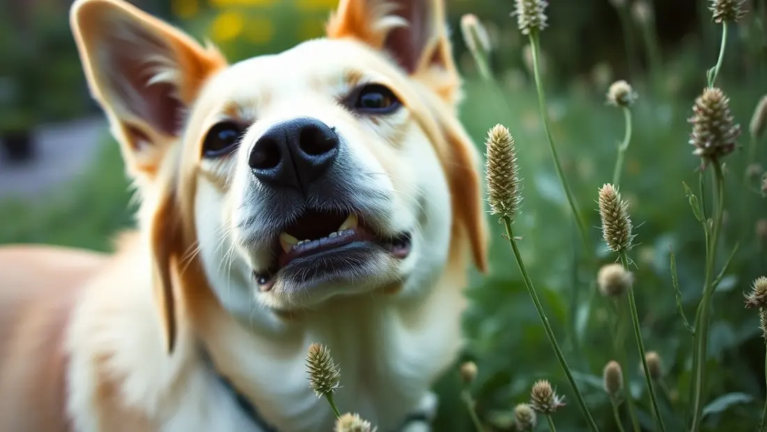 Un chien qui se ronge la tête en un jardin.