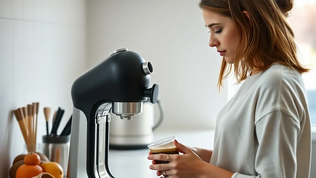 Persona moliendo café con molinillo eléctrico en cocina moderna