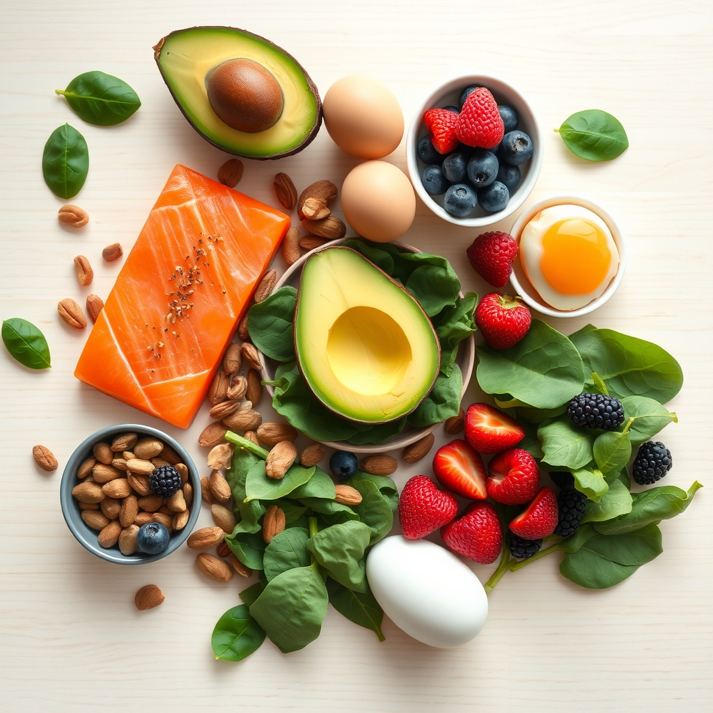 Selección de alimentos saludables para el cabello sobre mesa de madera