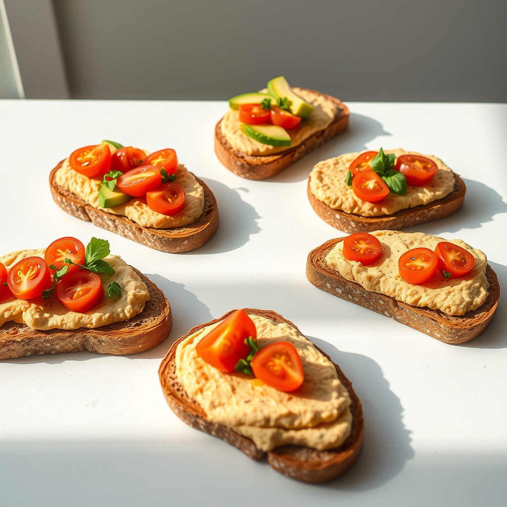 Cinco tostadas de pan integral veganas con diferentes ingredientes