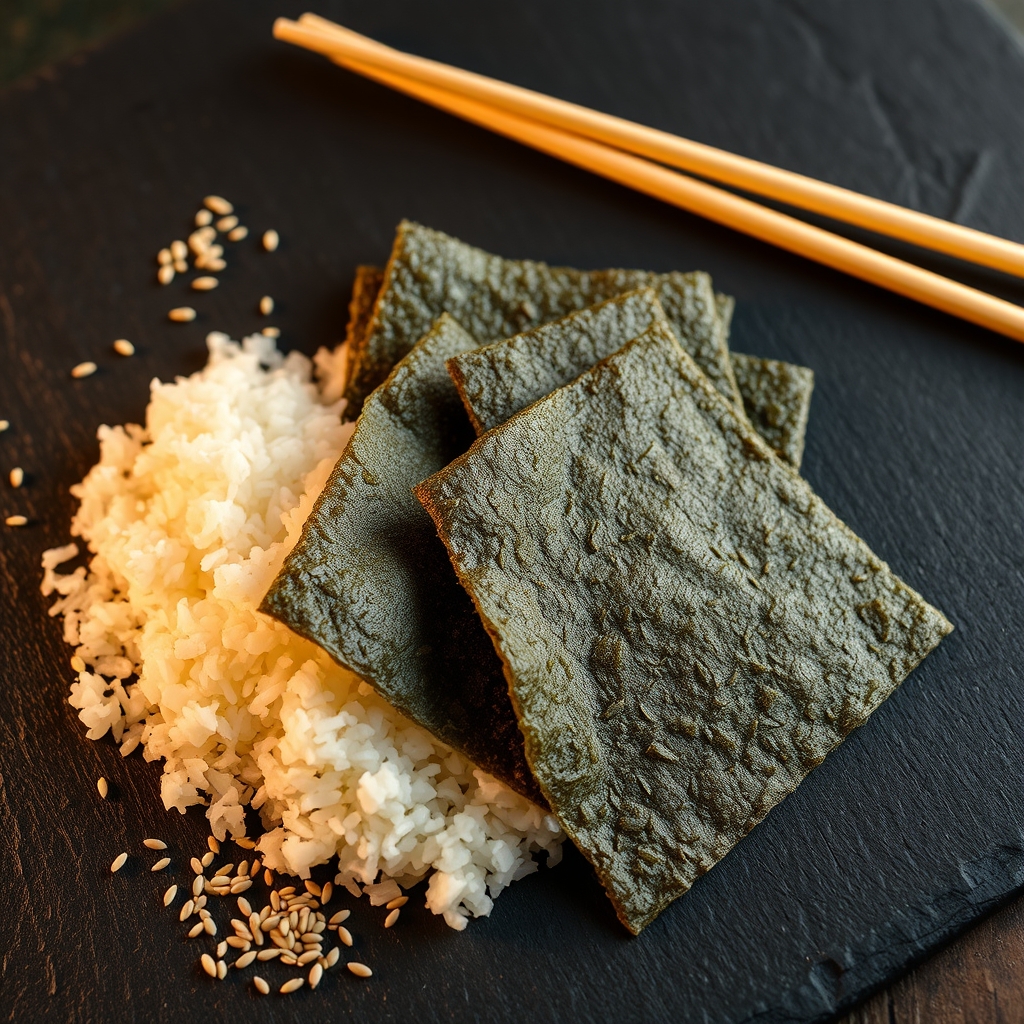Láminas de alga nori seca junto a arroz y semillas de sésamo