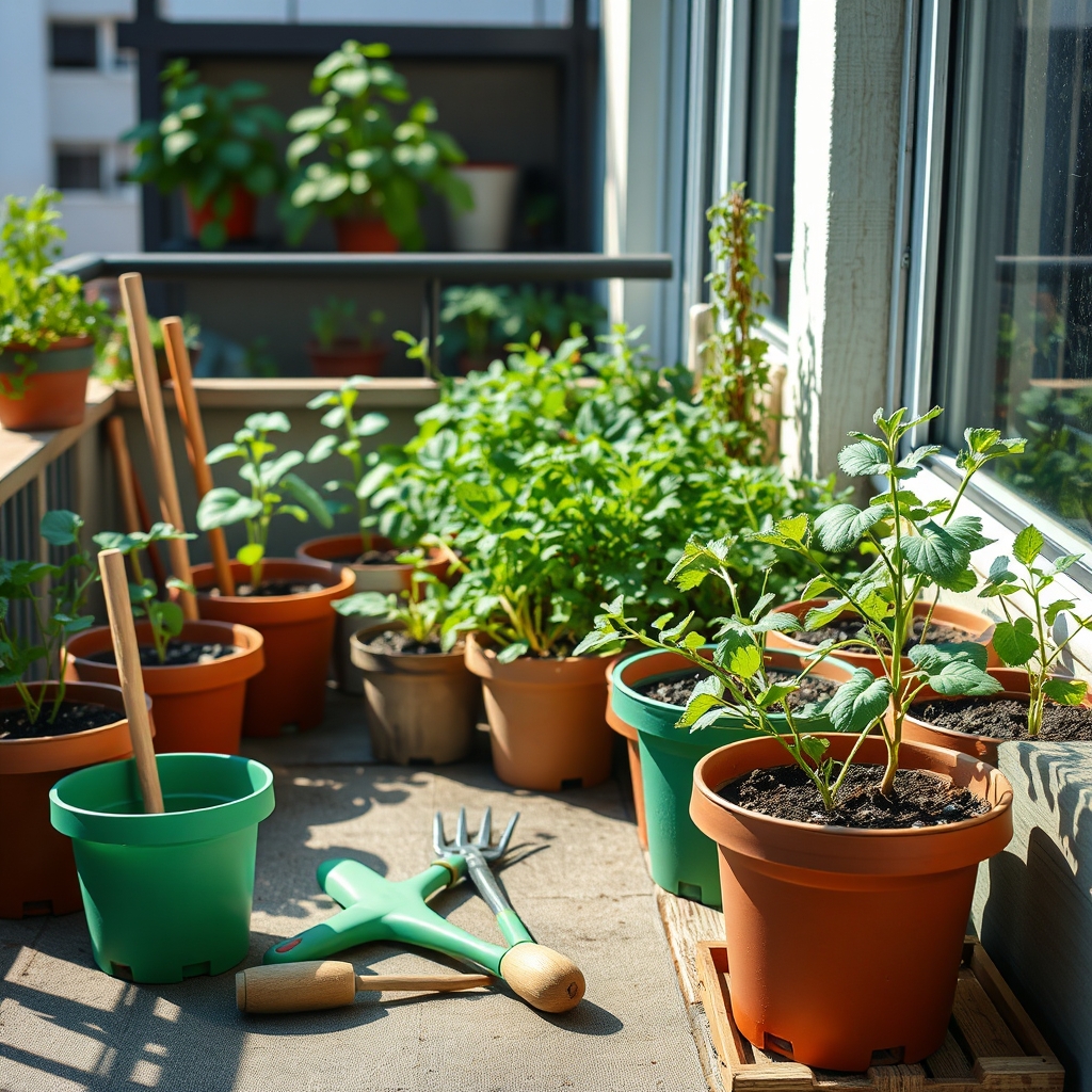 Huerto urbano en un balcón con plántulas y herramientas de jardinería