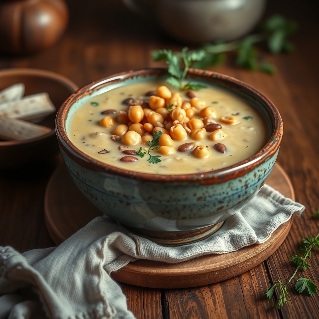 Crema de verduras en un bol rústico con garbanzos y semillas por encima