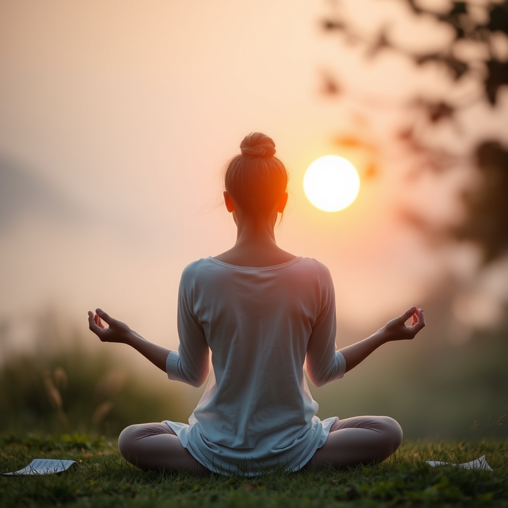 Persona meditando en calma en un entorno natural al amanecer