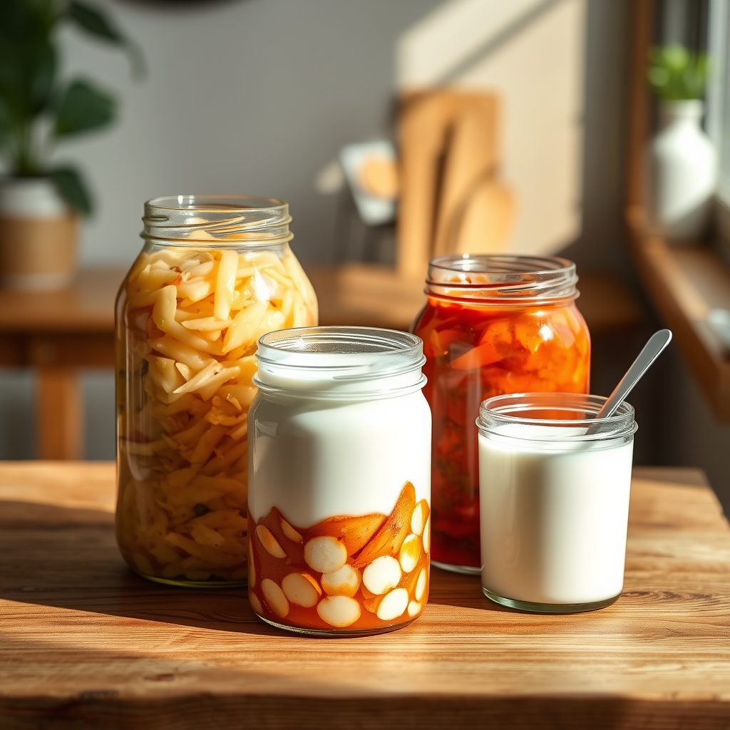 Alimentos fermentados probióticos en tarros sobre una mesa de madera