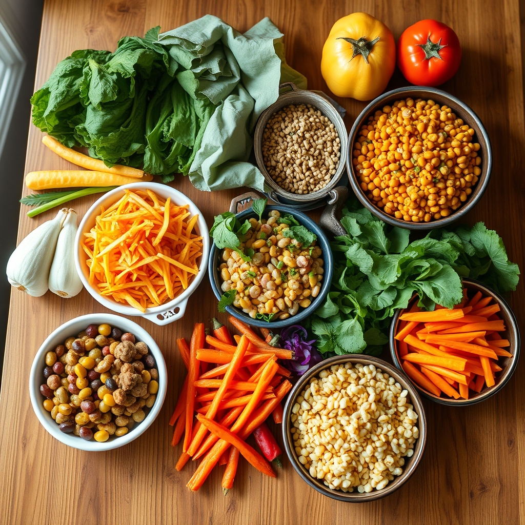 Preparación de comidas veganas semanales con verduras, legumbres y cereales