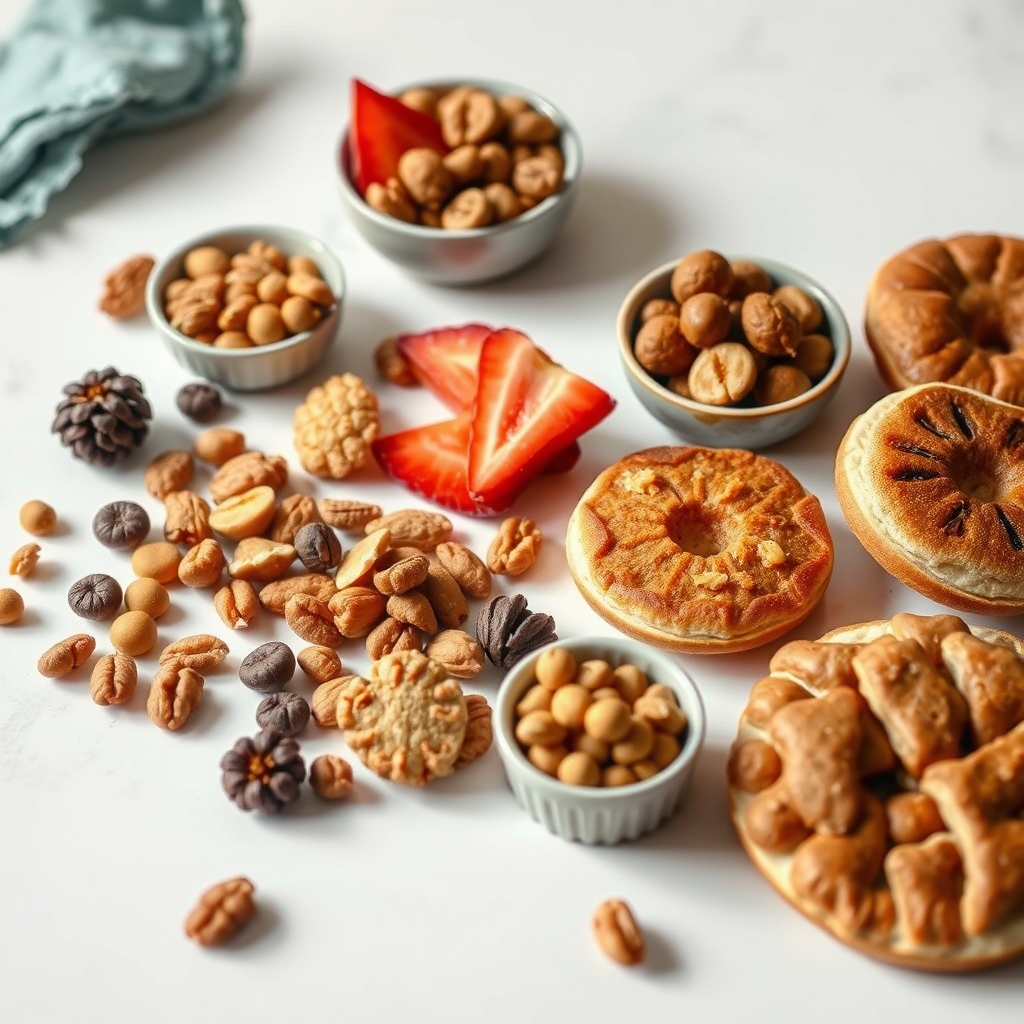 Variedad de meriendas sin gluten saludables sobre una mesa clara